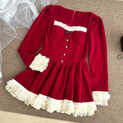 Elegant Velvet Lace Ruffles Patchwork Short Dresses for Women Long Sleeve A-line Korean Fashion Christmas Birthday Party Dress
