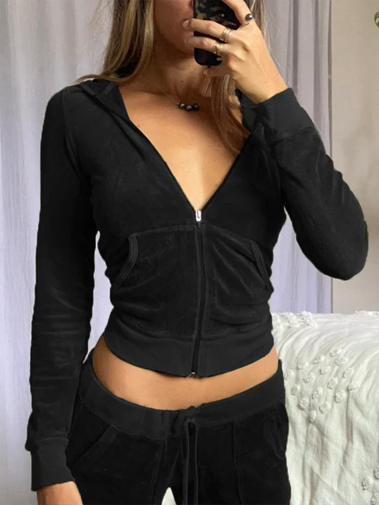 Voguable Two Piece Set Velvet Tracksuit Hooded Jacket and Sweatpants Outfits Y2K Aesthetic Slim Tops Fairy Grunge