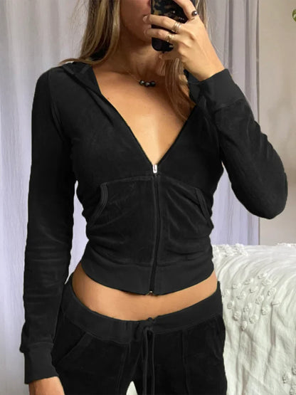 Voguable Two Piece Set Velvet Tracksuit Hooded Jacket and Sweatpants Outfits Y2K Aesthetic Slim Tops Fairy Grunge