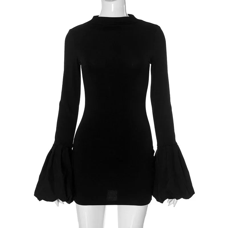 Fashion Pull Sleeve Black Mini Dress Female High Waist Elegant Long Sleeve Dresses Club Party Bodycon Women’s Clothing