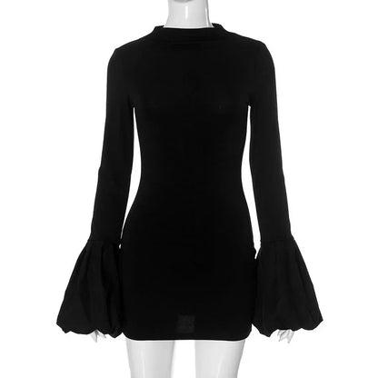 Fashion Pull Sleeve Black Mini Dress Female High Waist Elegant Long Sleeve Dresses Club Party Bodycon Women’s Clothing