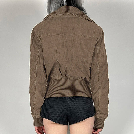 Y2K Corduroy Jacket Women Fashion Autumn 2000s Brown Zip Up Coat Vintage Pocket Detail Slim Fit Outerwear Streetwear