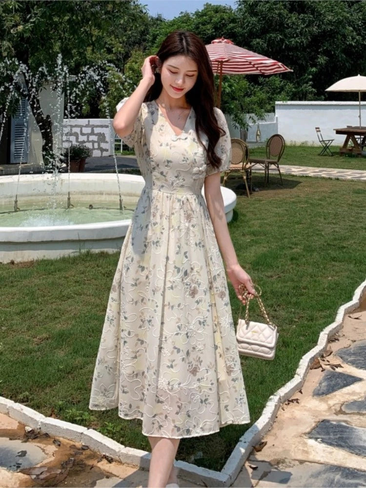 Summer New Chinese Style Midi Dresses for Women Floral Printed V-neck Puff Sleeve A-line Casual Elegant Dress One Piece Vestido