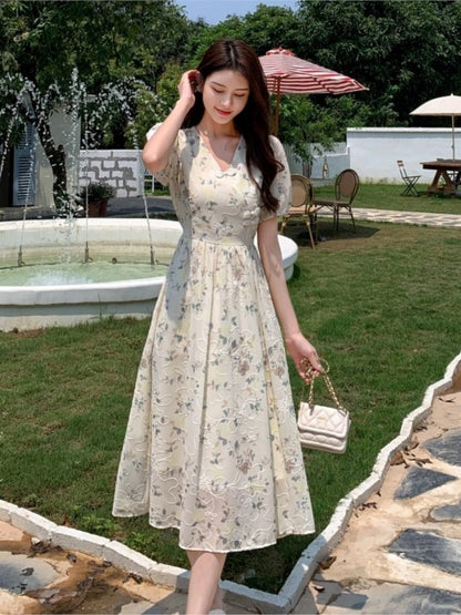 Summer New Chinese Style Midi Dresses for Women Floral Printed V-neck Puff Sleeve A-line Casual Elegant Dress One Piece Vestido