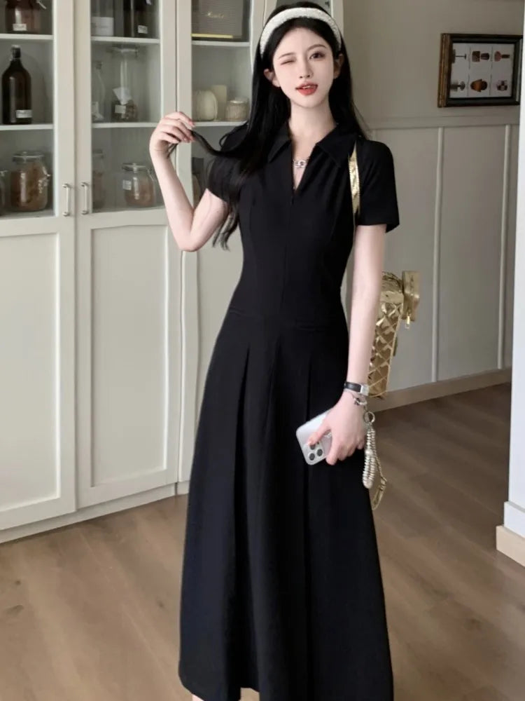 Summer New Casual Slim Solid Dresses for Women Sporty Turn-down Collor A-line Korean Chic Streetwear Simple Vestidos Mujer