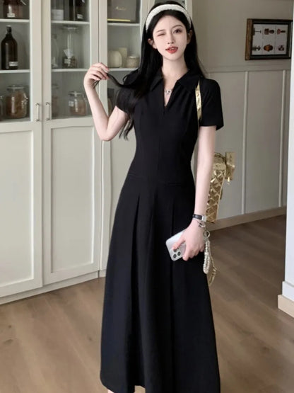Summer New Casual Slim Solid Dresses for Women Sporty Turn-down Collor A-line Korean Chic Streetwear Simple Vestidos Mujer