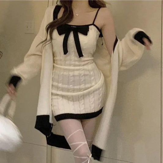 Elegant Knitted Two-Piece Set Women Bow Designer Sweet Party Dress Set Female Korean Style Sweater Mini Dress Suit Winter