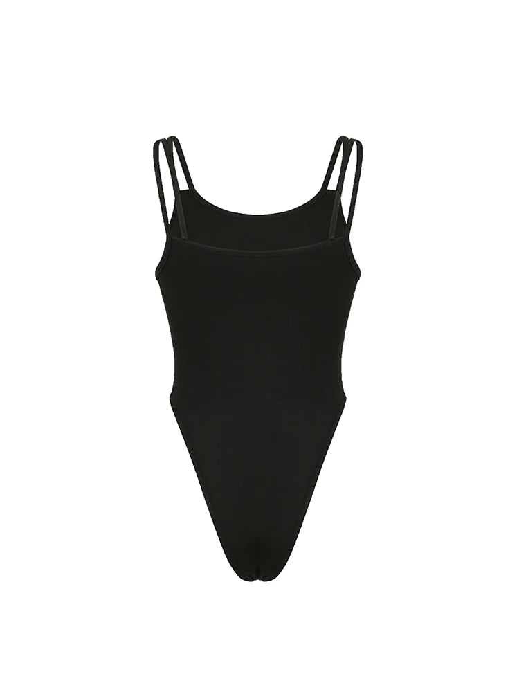 Front Cut Out Skinny Sexy Black Slip Bodysuit Women Rave Baddie Outfits
