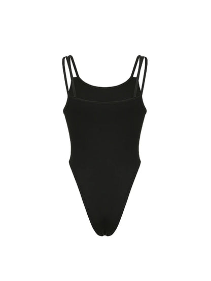 Front Cut Out Skinny Sexy Black Slip Bodysuit Women Rave Baddie Outfits