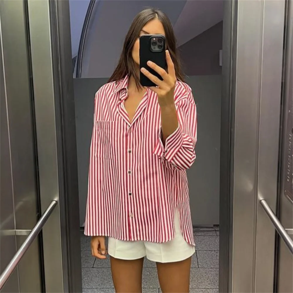 Spring New Women’s Fashion Style Casual Versatile Curled Cuff Stripe Loose Shirt Top