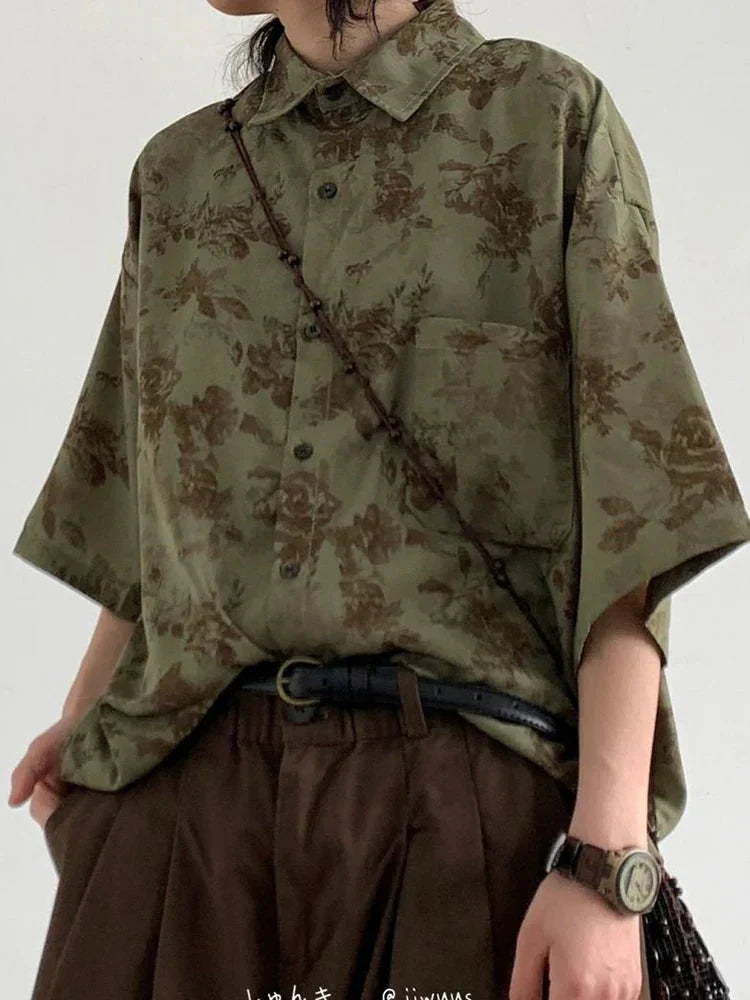 Harajuku Y2K Shirt Loose Vintage Print Streeetwear Blouse Oversize Half Sleeve FeCasual Retro Japan Bf Tops New