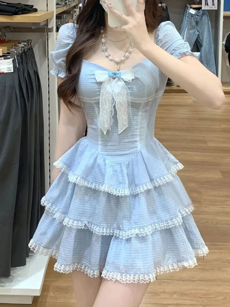 Voguable Sweet Kawaii Blue Plaid Dress Woman Lolita Lace Y2k Mini Dress Short Party Elegant One Piece Dress Korean Fashion
