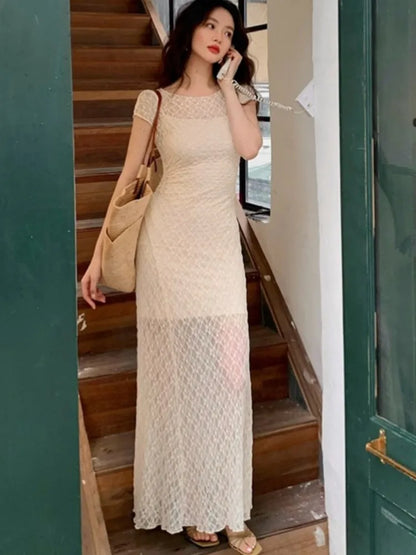 Elegant Mesh Two Piece Dress Set Slim Midi Dresses for Women Frence Retro Lace Y2K Bodycon Birthday Party Dress Prom Vestidos