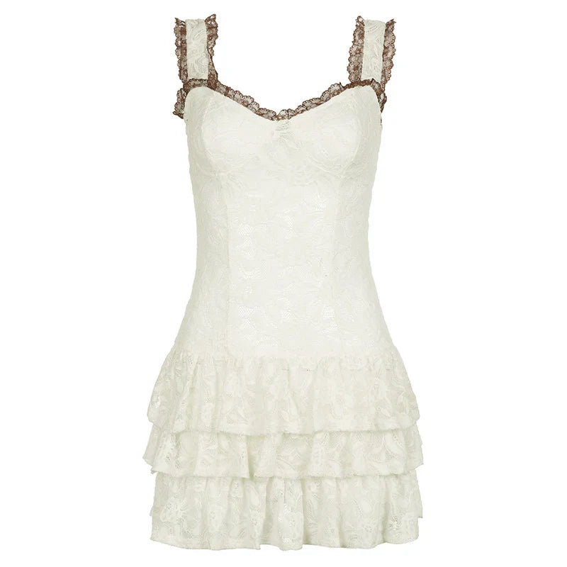 Voguable  French Style Contrast Ruched Tiered A-line Dress Holiday Party Cute Spaghetti Strap Sundress Beach Mini Robe Y2K
