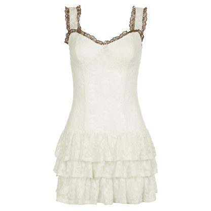 Voguable  French Style Contrast Ruched Tiered A-line Dress Holiday Party Cute Spaghetti Strap Sundress Beach Mini Robe Y2K