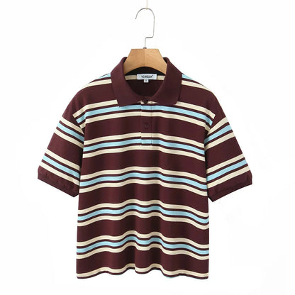 Striped Contrast Short Sleeve T-shirt Women Buttons Turndown Collar Tee Shirt Spring New Streetwear Vintage Chic Top Tees 2025