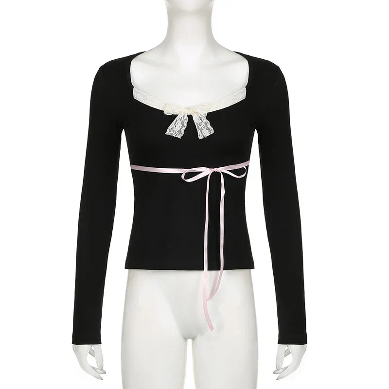 Voguable  Y2K Contrast Color Lace Patchwork Top Ribbon Lace-up Bow Coquette T-shirts Cute Causal Basics Tees
