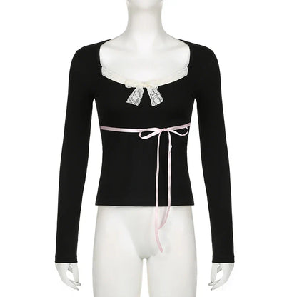 Voguable  Y2K Contrast Color Lace Patchwork Top Ribbon Lace-up Bow Coquette T-shirts Cute Causal Basics Tees