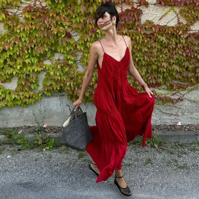 Pleated Deep V-neck Backless Slim Slip Dress