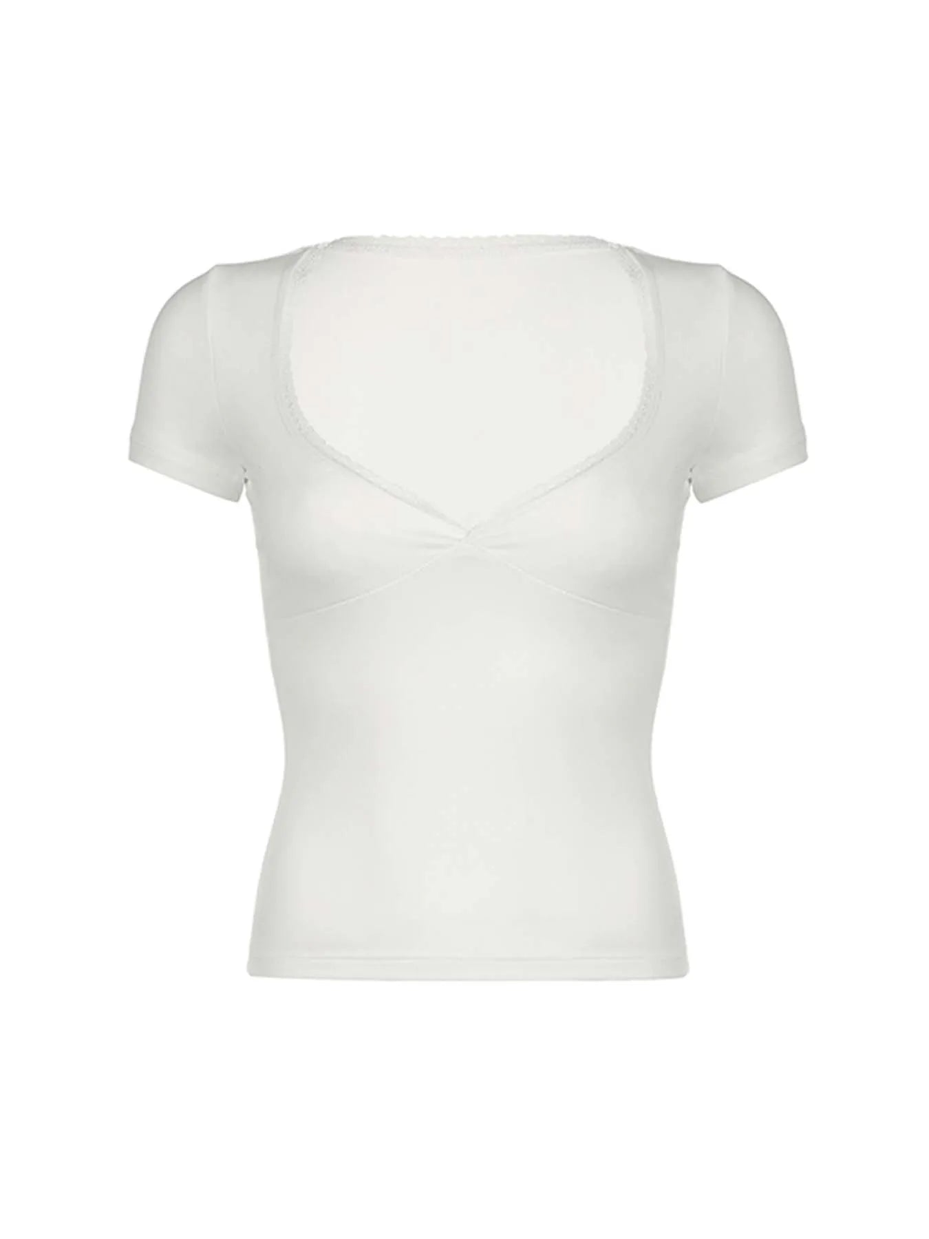 Black Solid Slim Elegant Basic Short Sleeve Tees Lace Trim Cute Y2K V Neck White T Shirts Women Summer Streetwear Tops