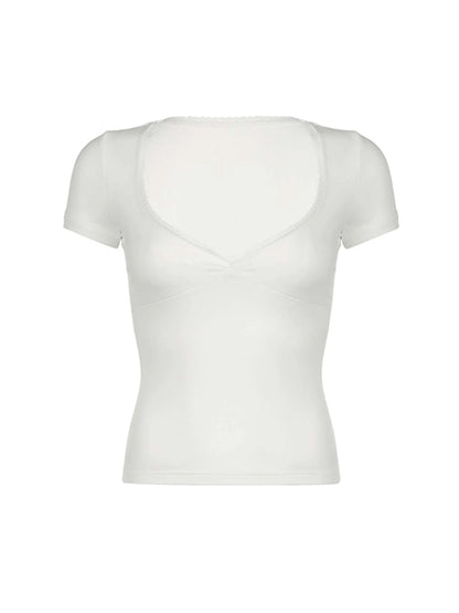Black Solid Slim Elegant Basic Short Sleeve Tees Lace Trim Cute Y2K V Neck White T Shirts Women Summer Streetwear Tops