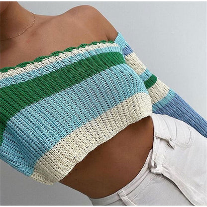 Voguable Knitted Y2K Clothes Crop Top Colored Striped Off The Shoulder T shirts Long Sleeve Trendy Short WoTops
