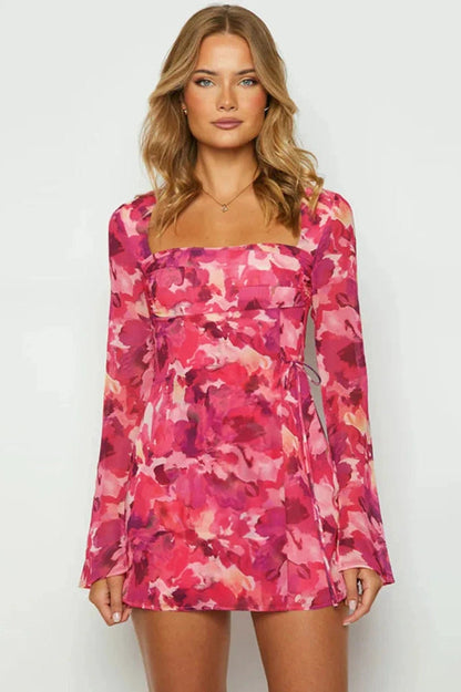 Printed Long Sleeve Mini Dress with Square Collar and High Waist