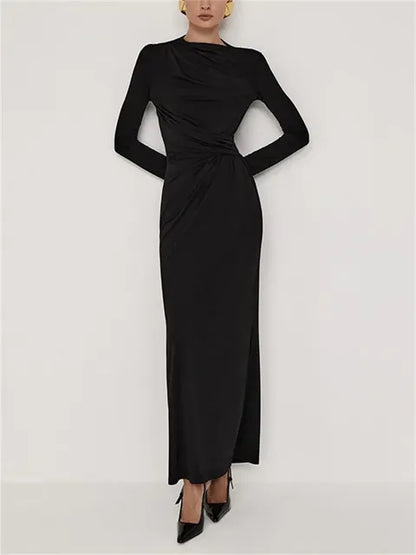 Pleated Slim Fashion Maxi Dress For Women Elegant High Waist Long Sleeve Bandage Autumn Dress Ladies Patchwork Long Dress