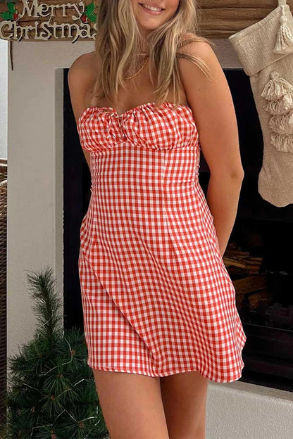 Plaid Slim Fit Mini Dress with Strapless Backless Tie-Up