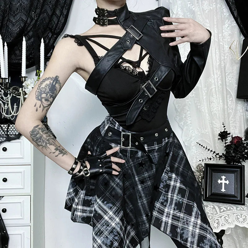 Punk One Shoulder Leather Blouse