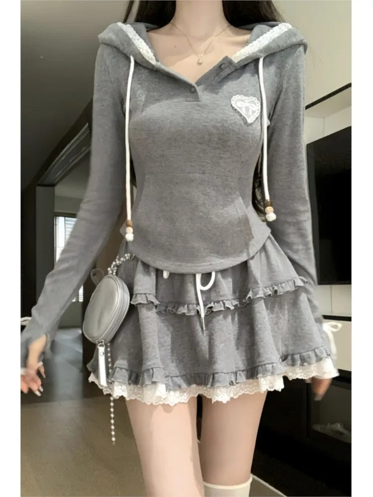 Y2K Two-piece Skirt Set Women Autumn New Hooded Long Sleeve Crop Top Lace Ruffles Mini Skirt Korean Fashion Outfits Kawaii Suits