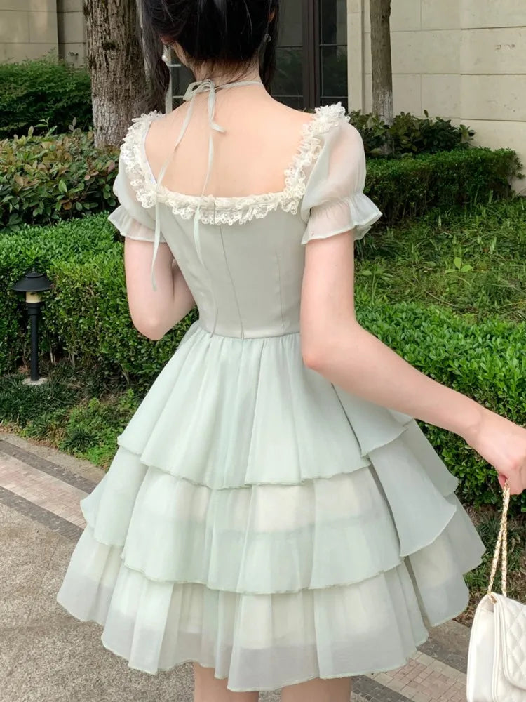 Y2K Princess Birthday Party Dress Lace Patchwork Short Dresses for Women Puff Sleeves Ruffles A-line Cake Vestido Mujer  New