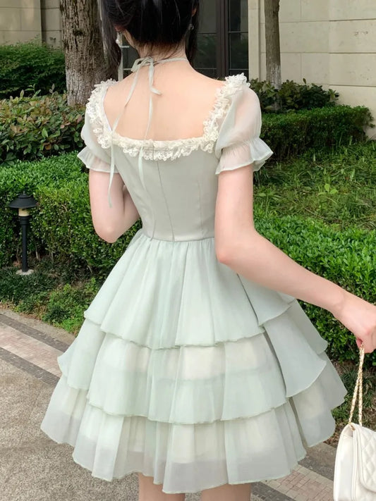Y2K Princess Birthday Party Dress Lace Patchwork Short Dresses for Women Puff Sleeves Ruffles A-line Cake Vestido Mujer  New