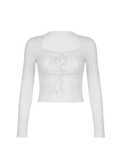 Ruched Tie Lace Trim Square Collar Slim Long Sleeve White Y2K T Shirt Women Cute Japanese Kawaii Clothing