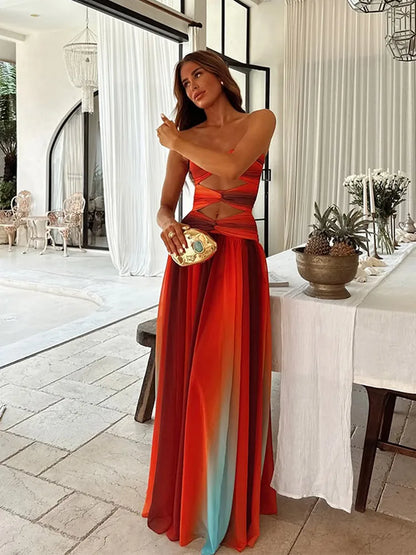 Gradient Pleated Hollow Strap Midi Dress
