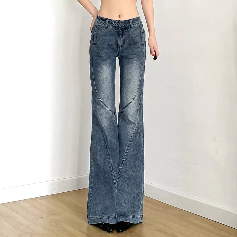 Y2K Low Waisted Washed Flare Jeans Korean Streetwear Blue Slim Fit Denim Pants Fashion Lady Casual Boot Cut Trousers