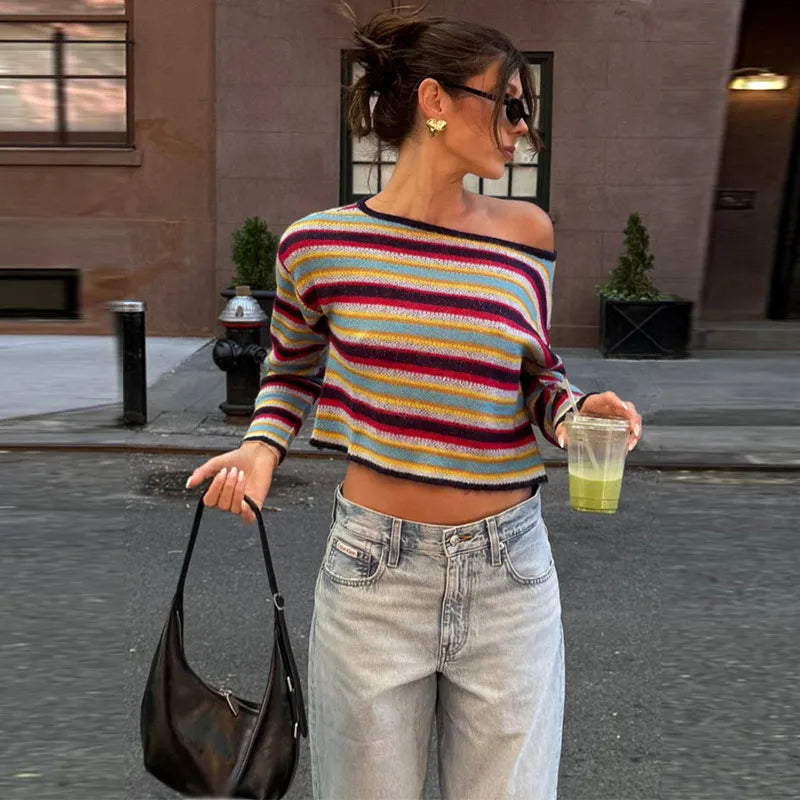 Striped Off Shoulder Pullovers Women Fashion Long Sleeves Contrast Color Tops 2025 Autumn Casual Party Lady New Streetwear