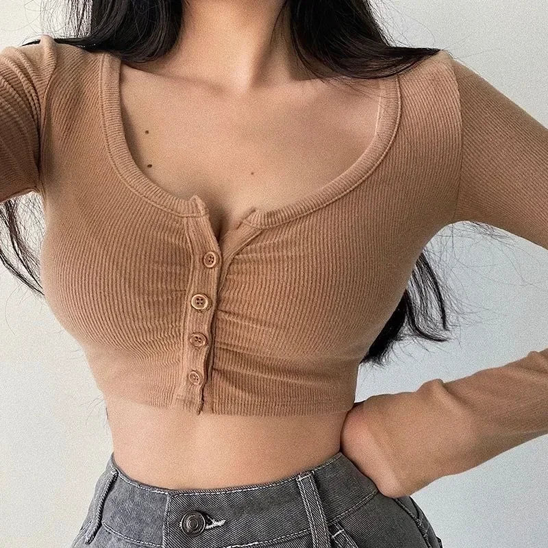 Sexy Women’s V-Neck Tank Tops T-Shirt Short Sleeve Solid Color Button Crop Top Clubwear Top Summer Slim Short T-Shirt For Womens