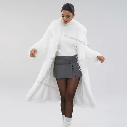 High Street Feathers Eco Fur Coat Women  Winter Lapel Faux Fox Fur Jacket Solid Long Fluffy Fur Overcoat Female