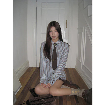 Y2K Harajuku Striped Shirts Vintage Streetwear Tie Long Sleeve Blouses Korean Preppy Slim All Match Tops New