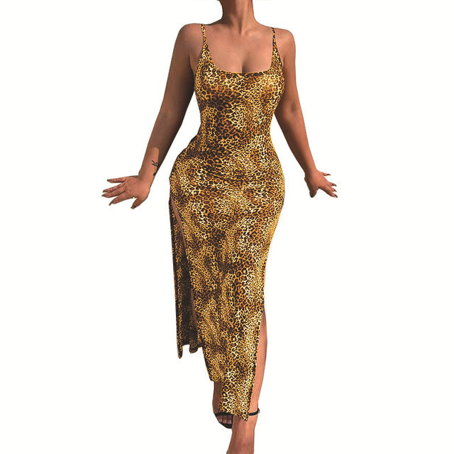 Fashion Leopard Print Slim Long Dresses Women Sexy Low Cut Backless Package Hip Bodycon Slit Dress Female Streetwear Summer New