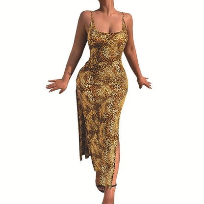 Fashion Leopard Print Slim Long Dresses Women Sexy Low Cut Backless Package Hip Bodycon Slit Dress Female Streetwear Summer New