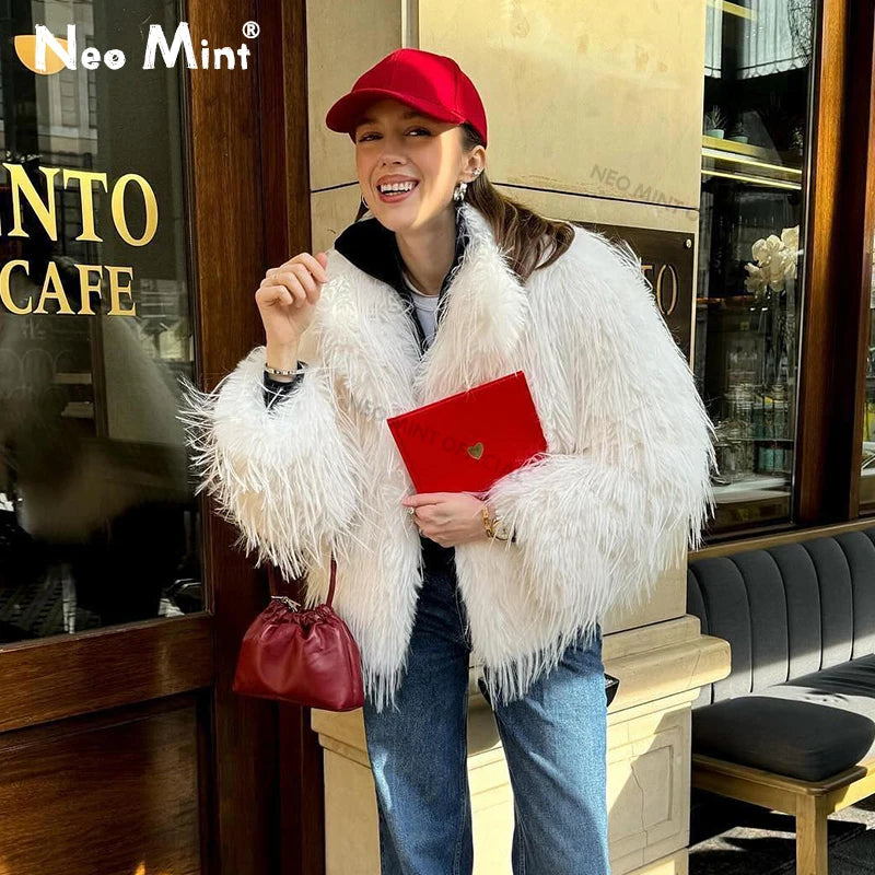 Winter Fluffy Faux Fur Coat Women Luxury Brand Tassels Furry Turkey Fur Jacket Streetwear Loose Overcoat Outerwear