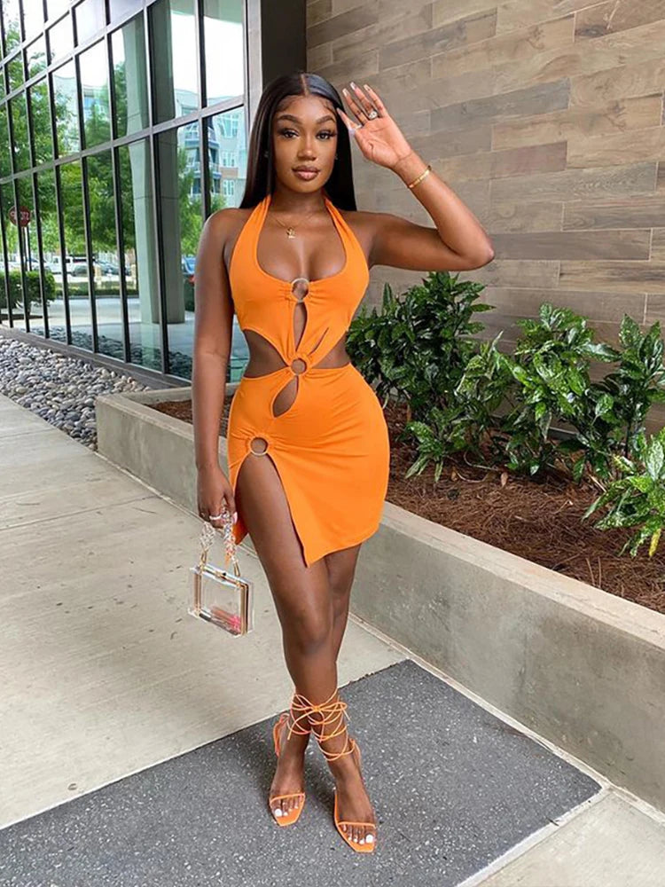 European and American women’s Y2K milk silk solid color short skirt sexy sleeveless hollow out dress
