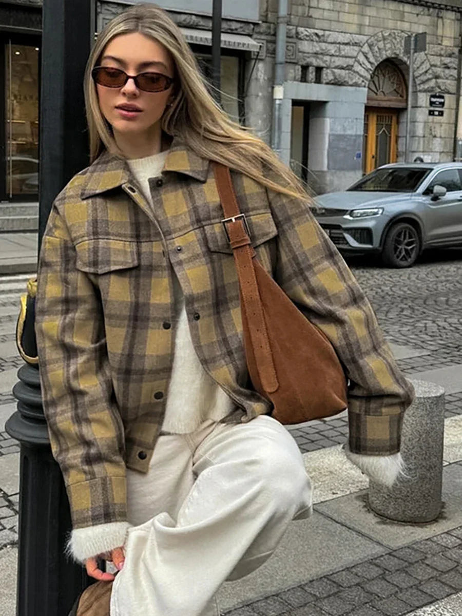 New Plaid Contrast Jacket Women Autumn Winter Single Breasted Long Sleeve Outerwear Female Streetwear Vintage Fashion Coat