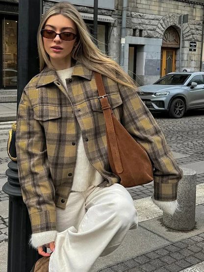 New Plaid Contrast Jacket Women Autumn Winter Single Breasted Long Sleeve Outerwear Female Streetwear Vintage Fashion Coat