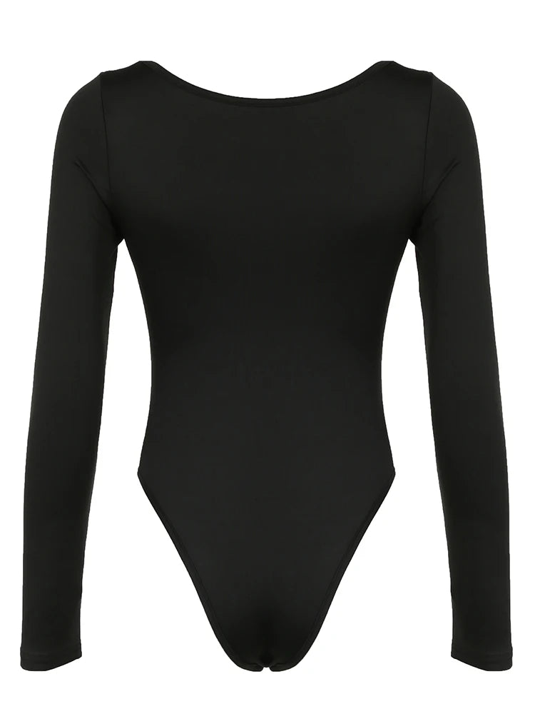 Front Ruched Skinny Long Sleeve Black Bodysuit Women Spring Autumn  Solid Simple Basic Bodys Tops