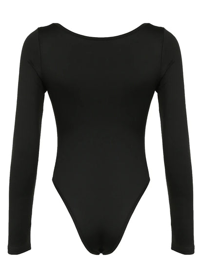 Front Ruched Skinny Long Sleeve Black Bodysuit Women Spring Autumn  Solid Simple Basic Bodys Tops
