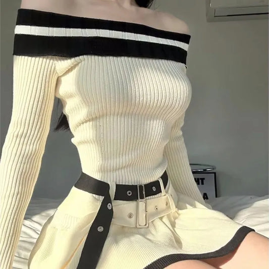 Y2K Slim Casual Knitted Mini Dresses Women Off Shoulder Elegant Korean Fashion Short Party Dress with Belt Autumn New Clothing