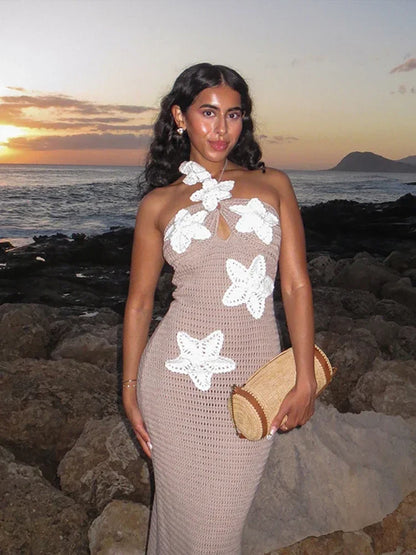 Sexy Knitted Flower Long Dress Women Hollow Halter Sleeveless Maxi Dresses Female  Summer Fashion Vacation beach Vestidos